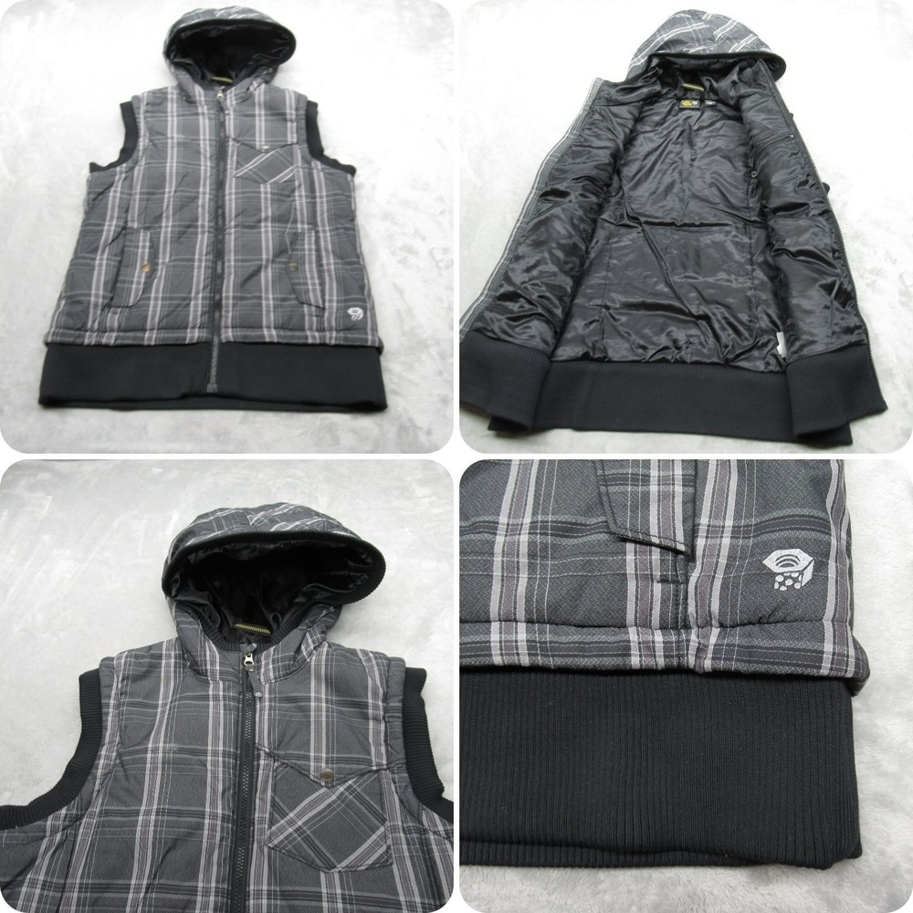 Mountain Hardwear Vest Women Medium Gray Plaid Puffer Insulated Hood Full Zip